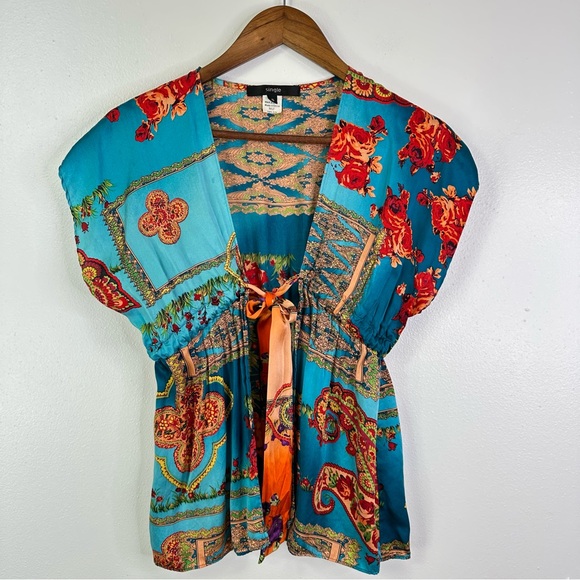 Single Tops - Single Mixed Print Silk Cardigan Blouse Teal‎ Size S
